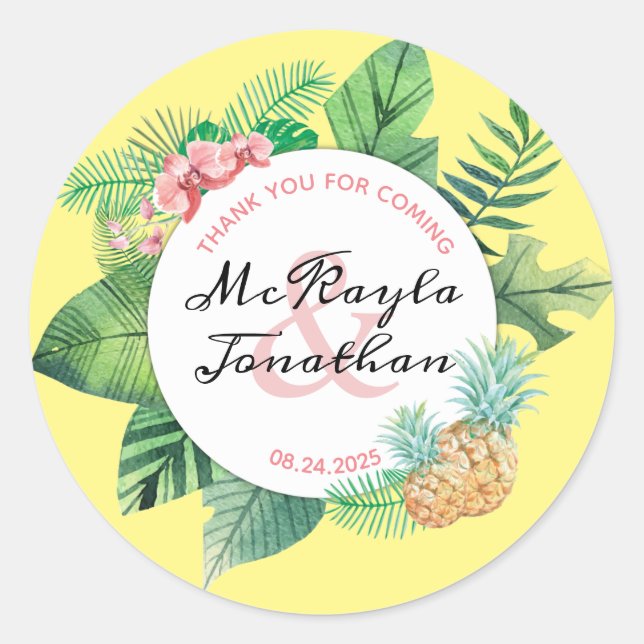 Sticker Rond Merci d'aquarelle pour Mariage tropical à venir (Devant)