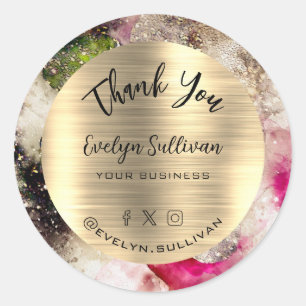 Sticker Rond Merci d'aquarelle rose et vert parties scintillant