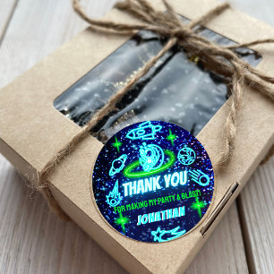 Sticker Rond Merci d'astronaute spatial bleu vert néon brillant