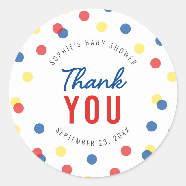 Sticker Rond Merci de Baby shower bleu rouge jaune Confetti (Devant)