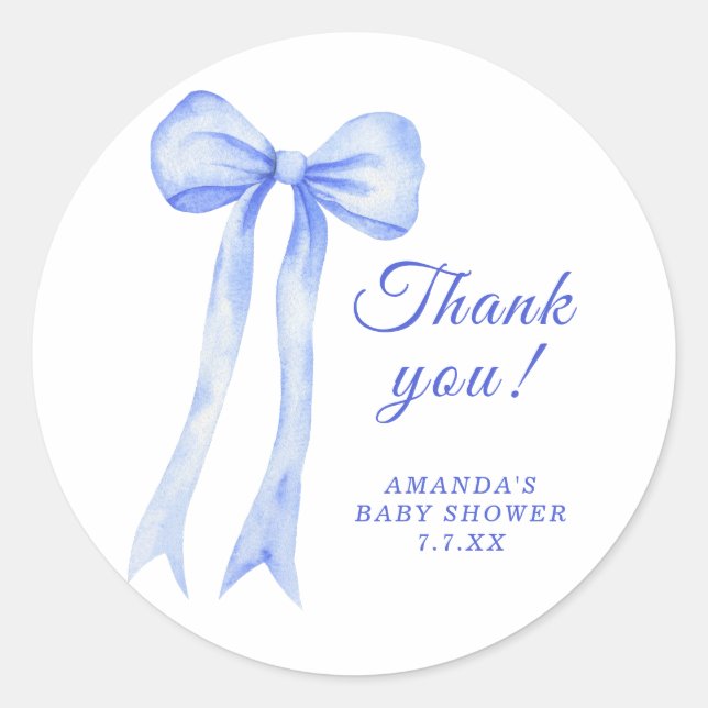 Sticker Rond Merci de Baby shower Blue a Bow (Devant)