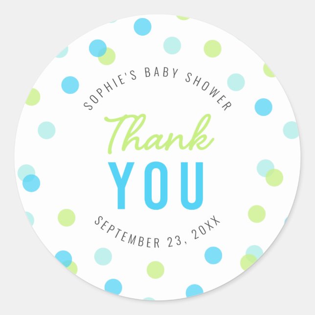 Sticker Rond Merci de Baby shower Blue Aqua Green Confetti (Devant)