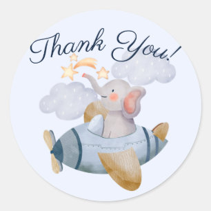 Sticker Rond Merci de Baby shower Blue Boy's Elephant Plane