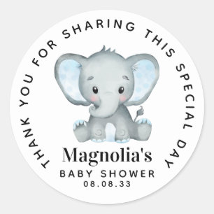 Sticker Rond Merci de Baby shower Blue Elephant