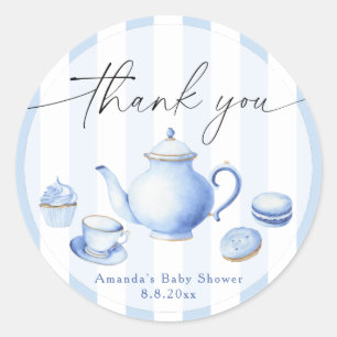 Sticker Rond Merci de Baby shower Blue Tea Party