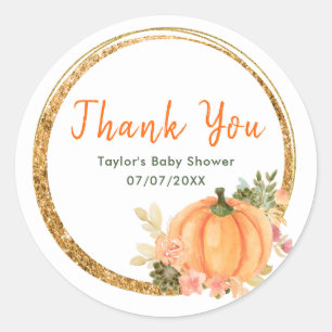 Sticker Rond Merci de Baby shower Citrouille orange et vert