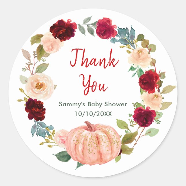 Sticker Rond Merci de Baby shower Citrouille rose flou (Devant)