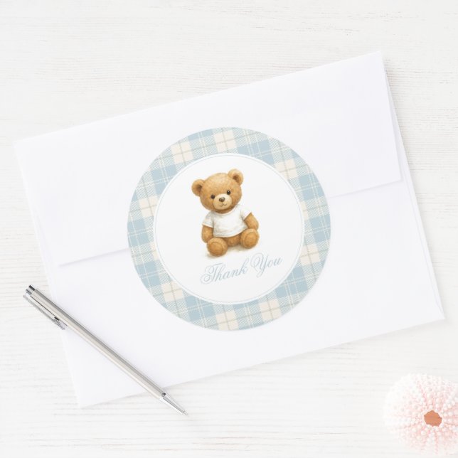 Sticker Rond Merci de Baby shower classique de l'ours de Preppy (Enveloppe)