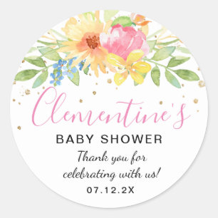 Sticker Rond Merci de Baby shower d'aquarelle rose jaune