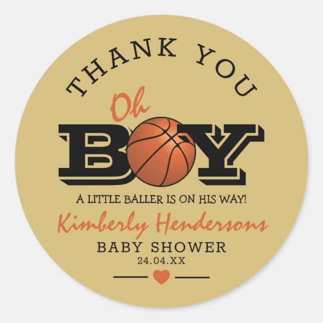 Sticker Rond Merci de Baby shower de basket-ball cool "Oh garço (Devant)