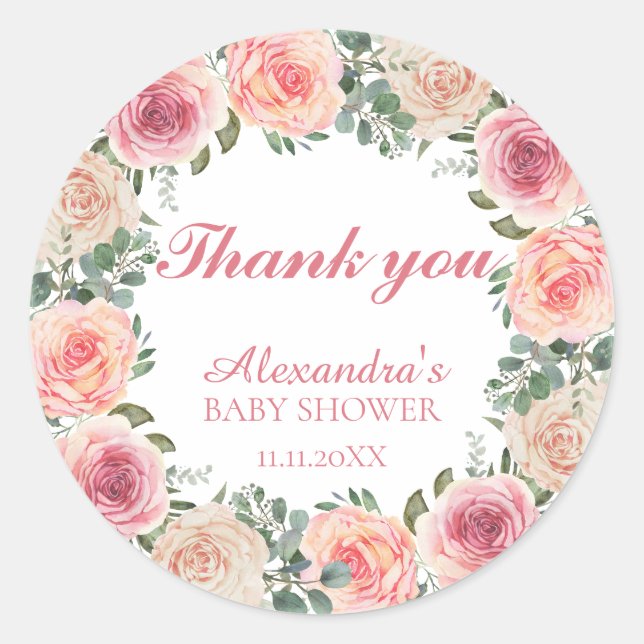 Sticker Rond Merci de Baby shower de cadre de fleurs (Devant)