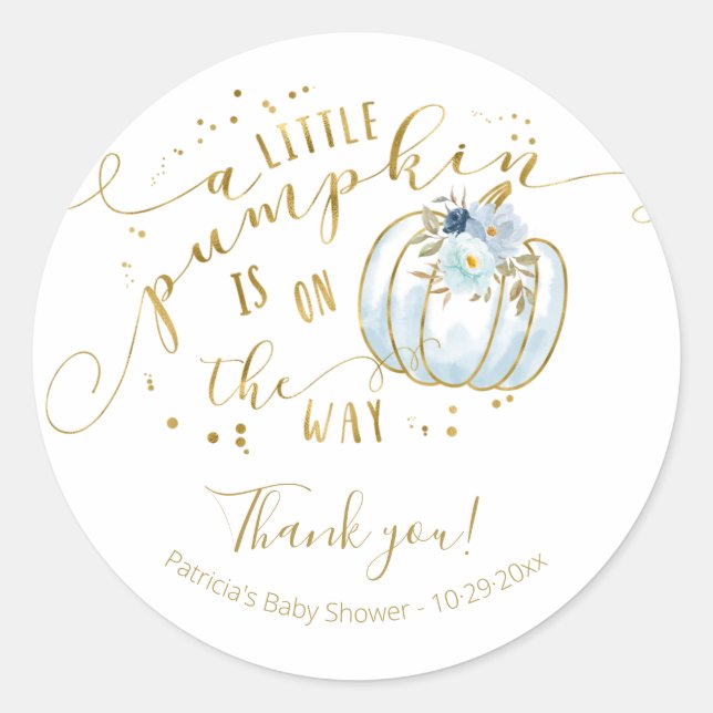 Sticker Rond Merci de Baby shower de Citrouille d'automne Blue  (Devant)