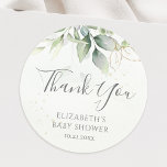 Sticker Rond Merci de Baby shower de feuillage Eucalyptus<br><div class="desc">De beaux autocollants de Merci avec de l'eucalyptus aquarelle et des feuilles or pour baby showers.</div>