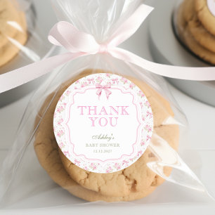 Sticker Rond Merci de Baby shower de fille de la croupe rose