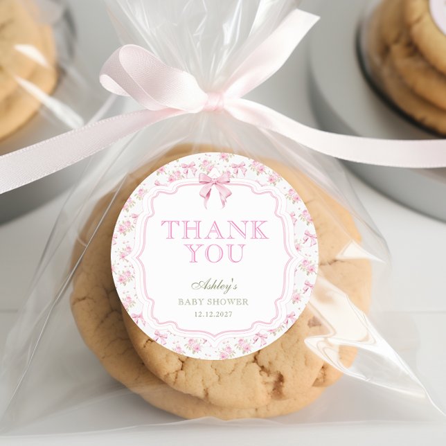 Sticker Rond Merci de Baby shower de fille de la croupe rose (Créateur téléchargé)