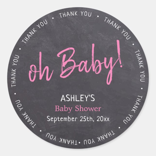 Sticker Rond Merci de Baby shower de fille rose Chalkboard (Devant)