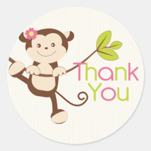 Sticker Rond Merci de Baby shower de fille singe