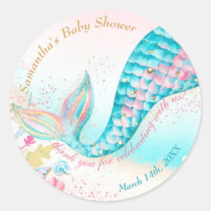Sticker Rond Merci de Baby shower de fille sirène lunatique