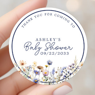 Sticker Rond Merci de Baby shower de Fleur sauvage bleu Boho