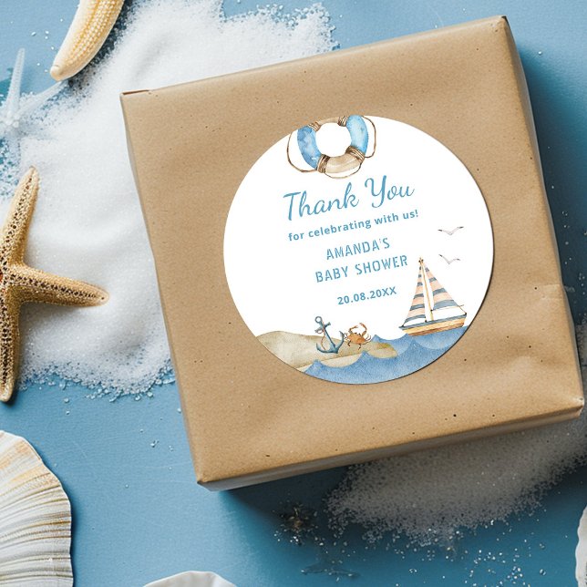 Sticker Rond Merci de Baby shower de garçon nautique (Créateur téléchargé)