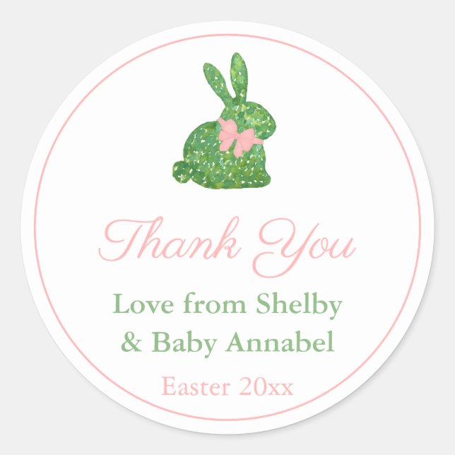 Sticker Rond Merci De Baby shower De Lapin Vert Et Rose (Devant)