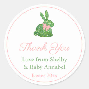 Sticker Rond Merci De Baby shower De Lapin Vert Et Rose