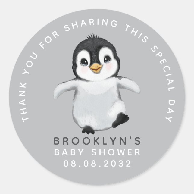 Sticker Rond Merci de Baby shower de pingouin mignon (Devant)