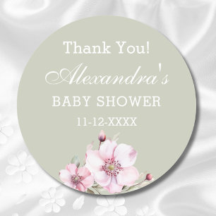 Sticker Rond Merci de Baby shower de roses rose pâle Sage Green
