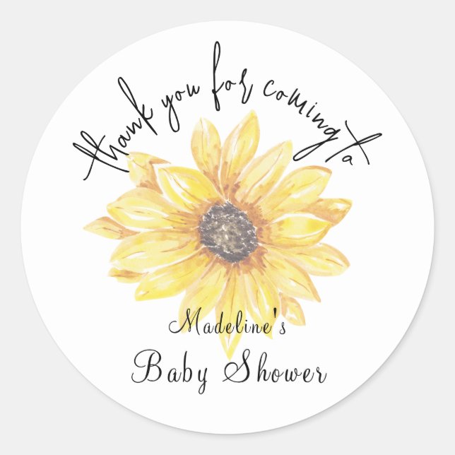 Sticker Rond Merci de Baby shower de tournesol fleuri jaune (Devant)