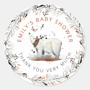 Sticker Rond Merci de Baby shower d'hiver de l'ours polaire