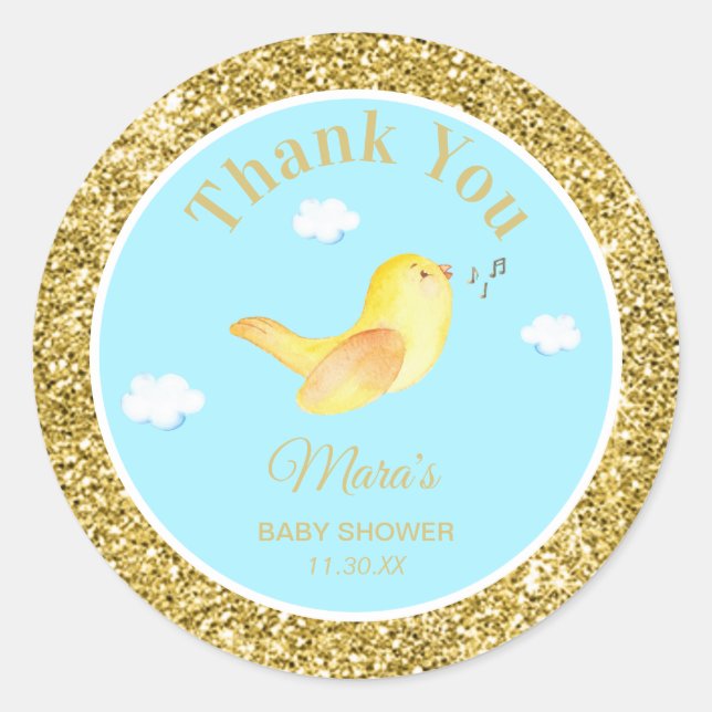 Sticker Rond *~* Merci de Baby shower du ciel jaune Birdie Sky  (Devant)