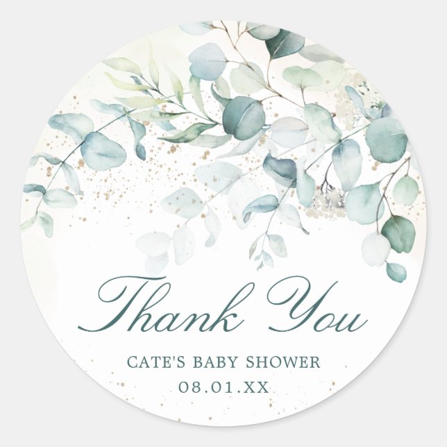Sticker Rond Merci de Baby shower écologique des Eucalyptus (Devant)