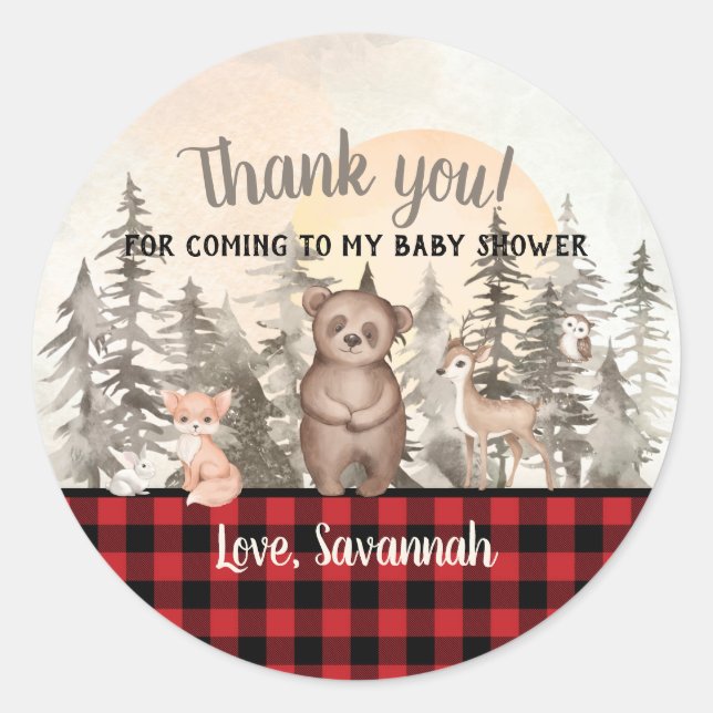 Sticker Rond Merci de Baby shower en bois de Buffalo Plaid (Devant)