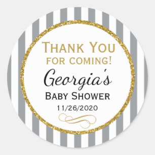 Sticker Rond Merci de Baby shower en or gris qui devient favori