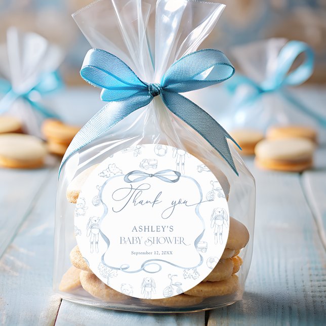Sticker Rond Merci de Baby shower en toile bleue de Jouy (Créateur téléchargé)