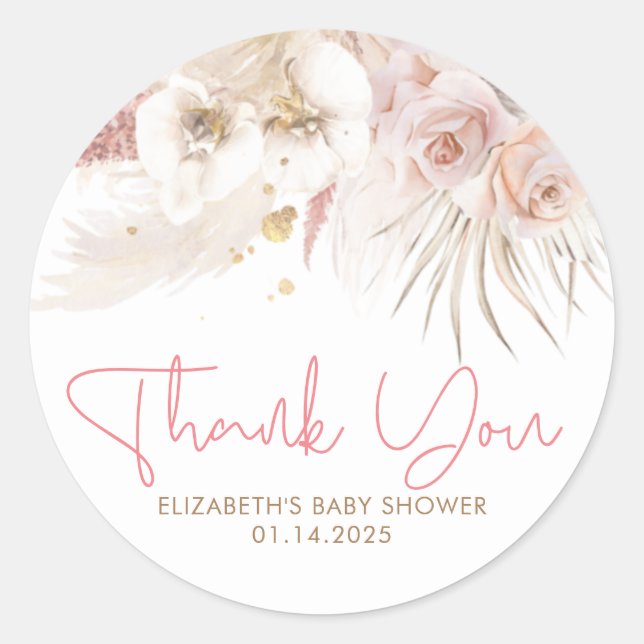 Sticker Rond Merci de Baby shower exotique rose et Brown (Devant)