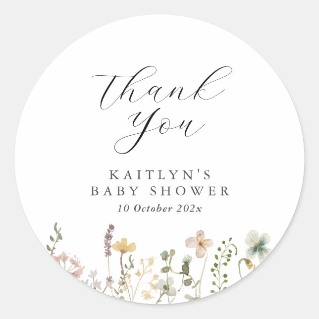 Sticker Rond Merci de Baby shower Fleur sauvage aquarelle (Devant)
