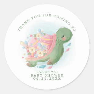 Sticker Rond Merci de Baby shower floral de la tortue de mer