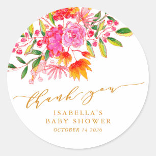 Sticker Rond Merci de Baby shower Floral rose orange
