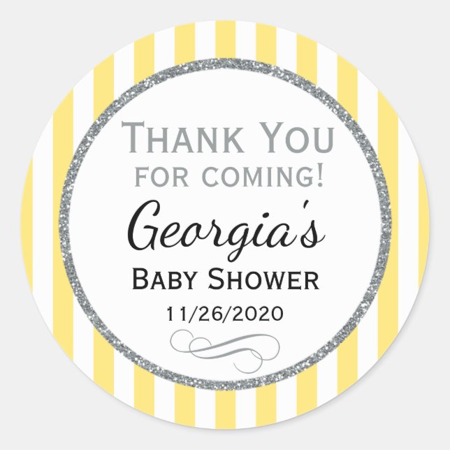 Sticker Rond Merci de Baby shower gris jaune Favoriser les étiq (Devant)