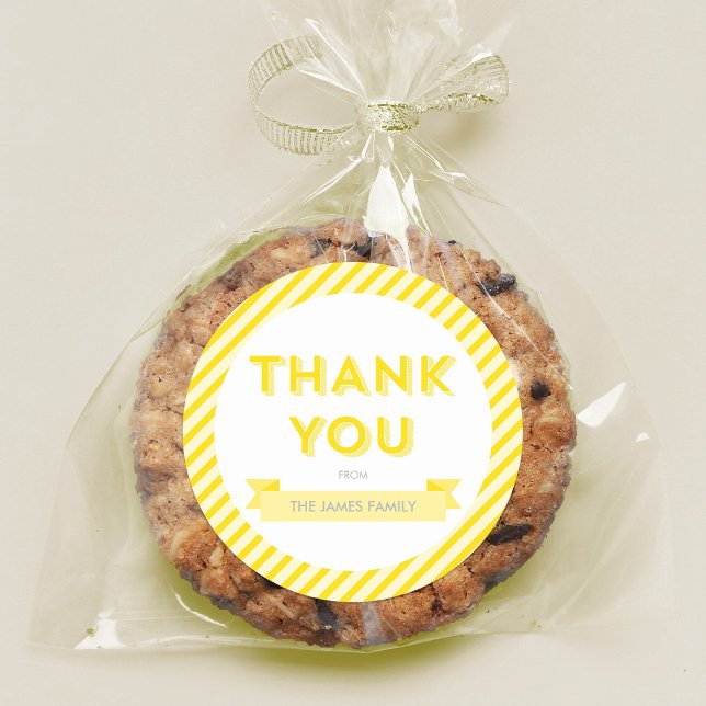 Sticker Rond Merci de Baby shower moderne à rayures jaunes (Créateur téléchargé)