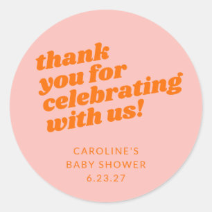 Sticker Rond Merci de Baby shower moderne rose orange rétro