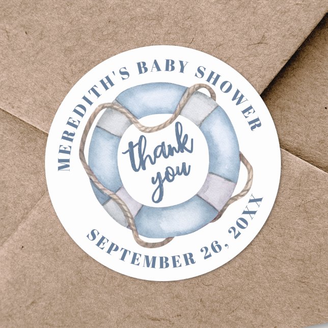 Sticker Rond Merci de Baby shower nautique (Nautical Baby Shower Thank You Classic Round Sticker )