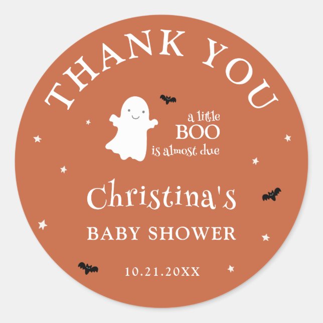 Sticker Rond Merci de Baby shower orange de Little Boo Ghost (Devant)