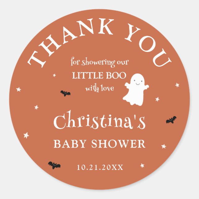 Sticker Rond Merci de Baby shower orange de Little Boo Ghost (Devant)