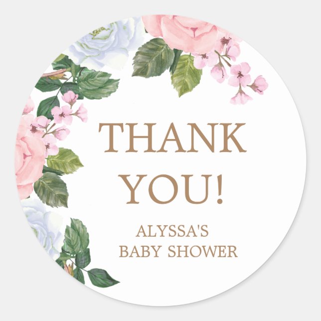 Sticker Rond Merci de Baby shower Rose rose blanc (Devant)