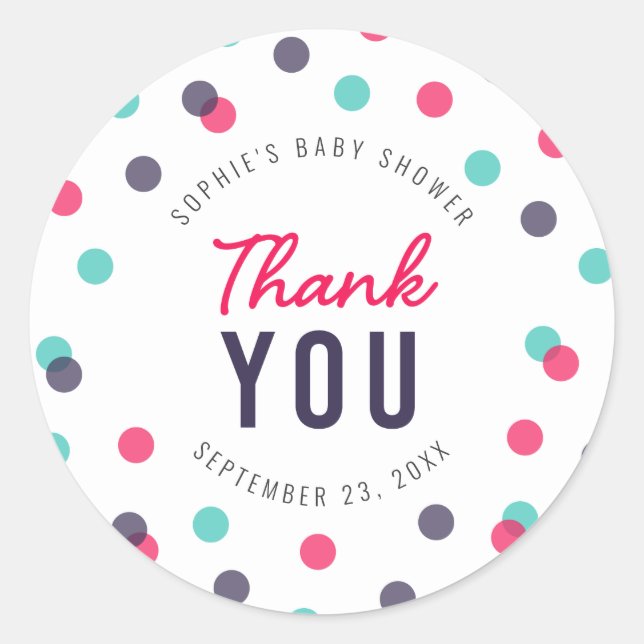 Sticker Rond Merci de Baby shower Turquoise Indigo Pink Confett (Devant)