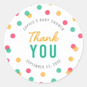 Sticker Rond Merci de Baby shower Turquoise orange Confetti