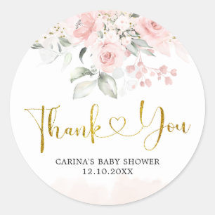 Sticker Rond Merci de Baby shower végétal rose pâle minimaliste