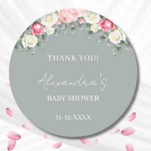 Sticker Rond Merci de Baby shower Vintage de Roses Sage Green